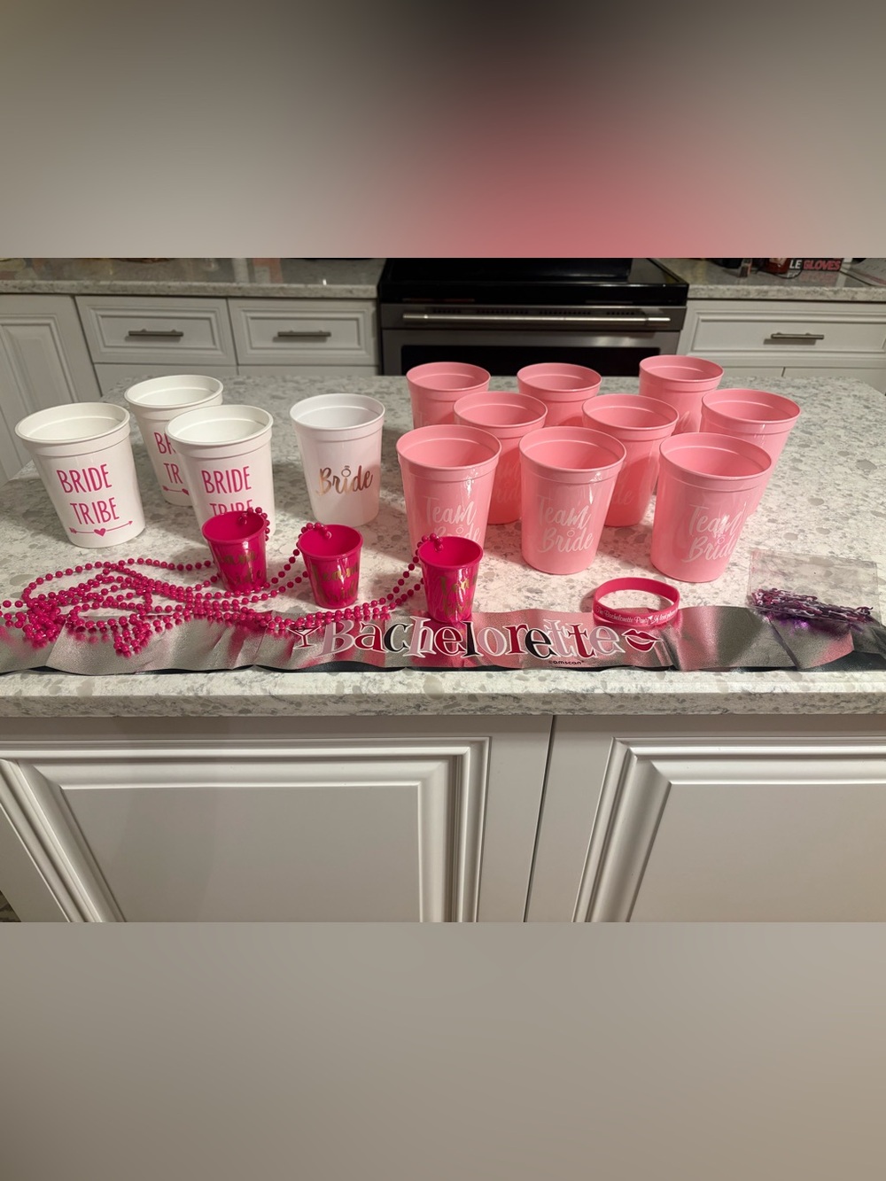 Bachelorette Party items: 13 cups,3 necklace shot glasses,sash,confetti,bracelet
